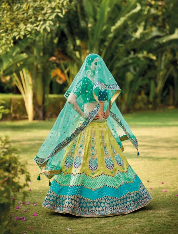 Lime Green Banarasi Silk Lehenga- Rent