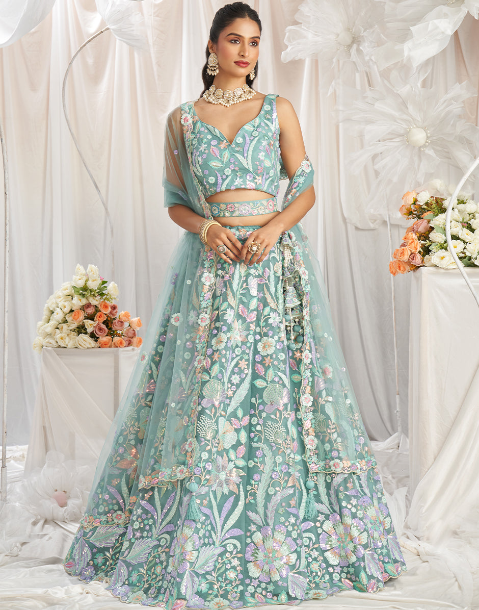 Lime Green Net Sequins Embroidery Semi-Stitched Lehenga Choli & Dupatta