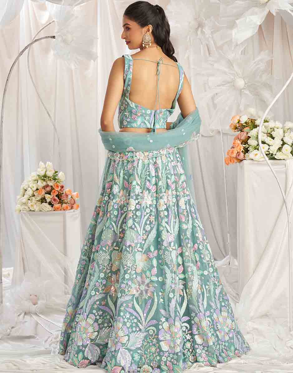 Lime Green Net Sequins Embroidery Semi-Stitched Lehenga Choli & Dupatta