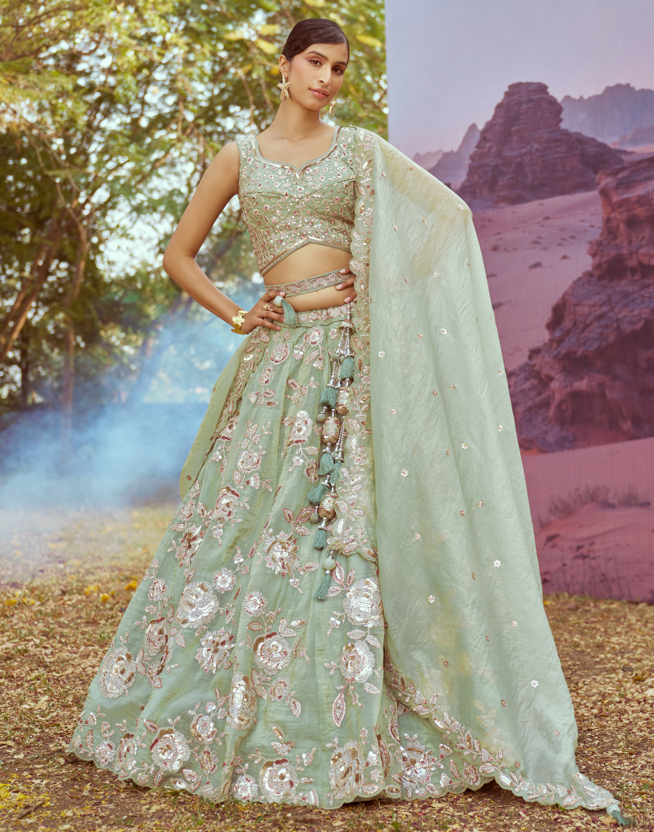 Lime Green Organza Lehenga Choli with Sequins Embroidery Dupatta Elegant Bridal & Festive Wear
