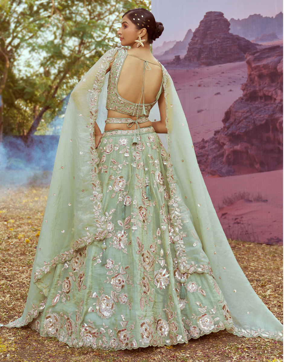 Lime Green Organza Lehenga Choli with Sequins Embroidery Dupatta Elegant Bridal & Festive Wear