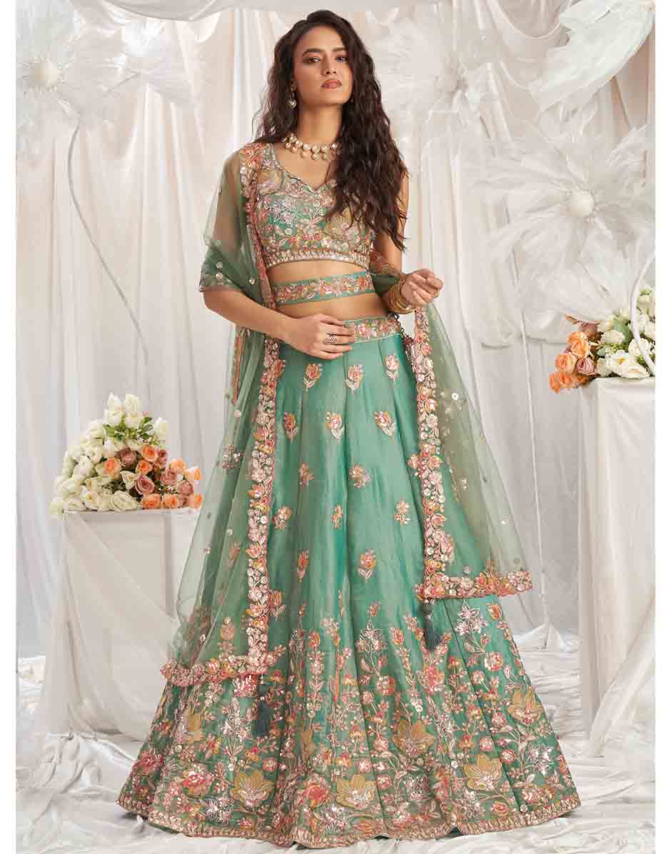 Lime Green Organza Sequins Embroidery Semi-Stitched Lehenga Choli & Dupatta