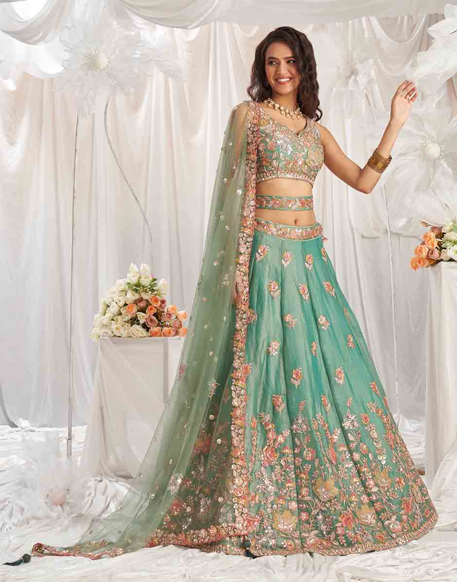 Lime Green Organza Sequins Embroidery Semi-Stitched Lehenga Choli & Dupatta