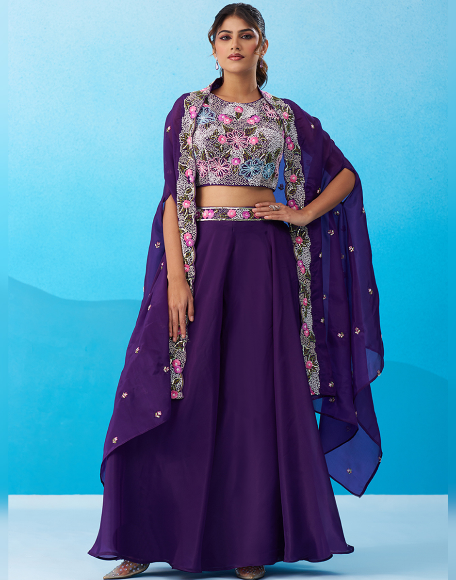 Luxe Purple Pink Crepe Beads Embroidered Crop Top with Dramatic Cape & Flared Palazzo