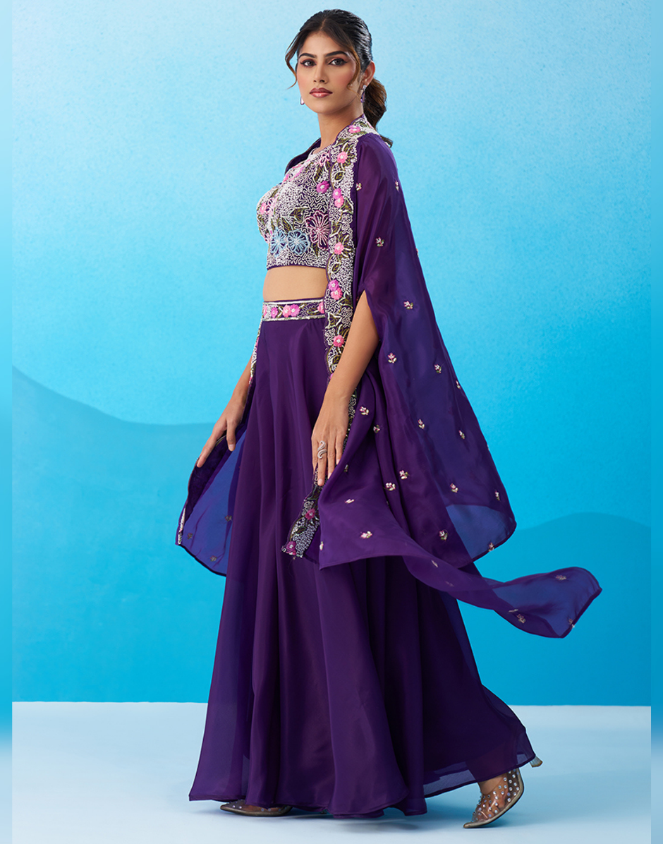 Luxe Purple Pink Crepe Beads Embroidered Crop Top with Dramatic Cape & Flared Palazzo