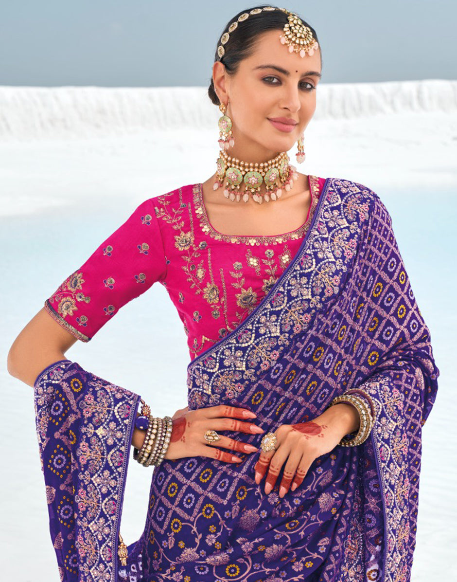 Luxurious Violet Pure Georgette Bandani Patola Saree with Zari Weaving & Stunning Heavy Work