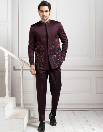 Luxurious Craftsmanship Embroidered Wine Bandhgala Set with Bold Elegance