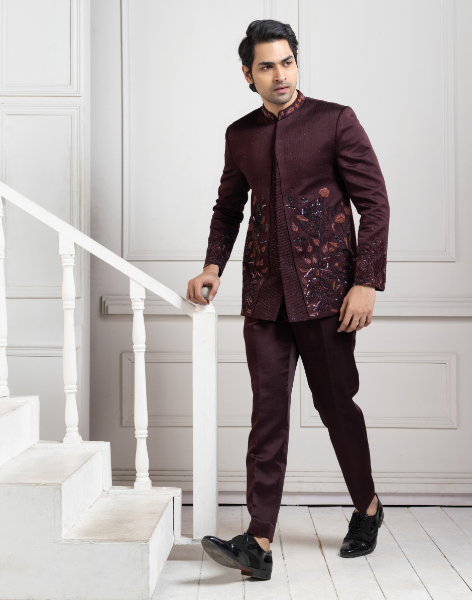 Luxurious Craftsmanship Embroidered Wine Bandhgala Set with Bold Elegance