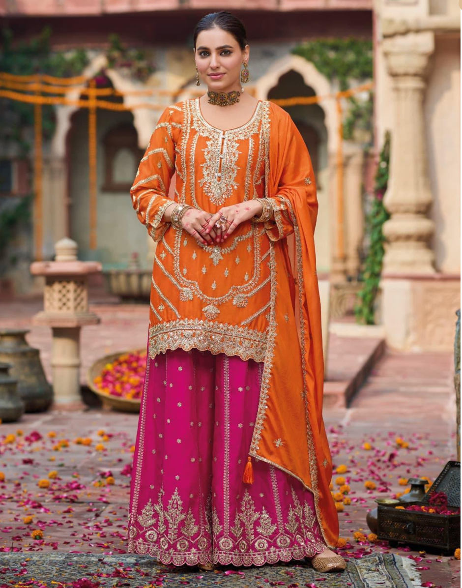 Luxurious & Elegant Design Premium Real Chinon Silk Palazzo with Full Heavy Embroidery_2