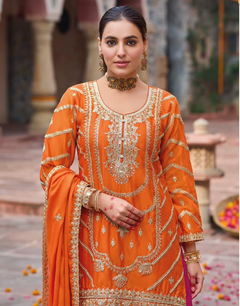 Luxurious & Elegant Design Premium Real Chinon Silk Palazzo with Full Heavy Embroidery_2