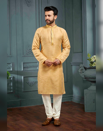 Luxurious Golden Self Woven Art Silk Kurta Set Timeless Elegance for Special Occasions
