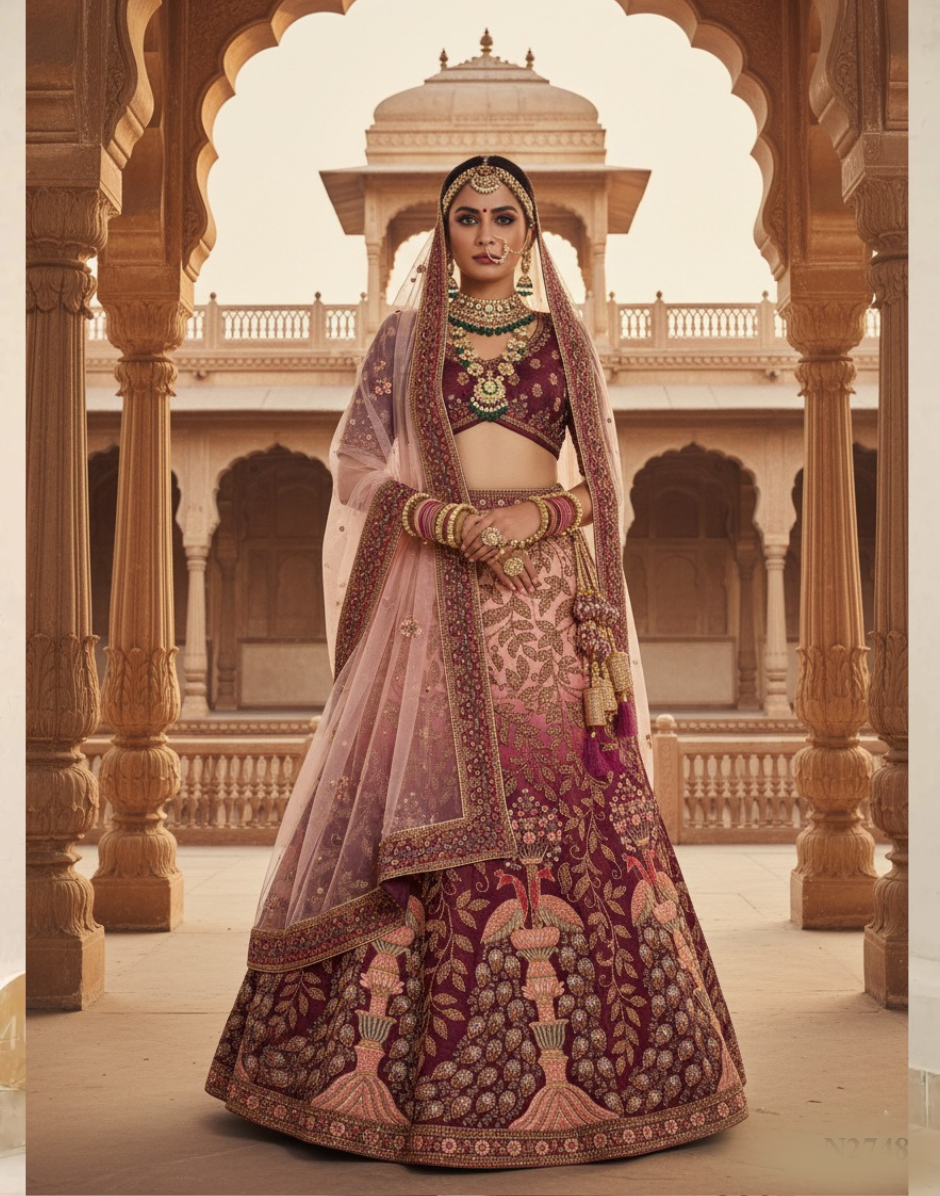 Luxurious Maroon Velvet Bridal Lehenga with Hand Embroidery, Stones & Net Dupatta - Buy
