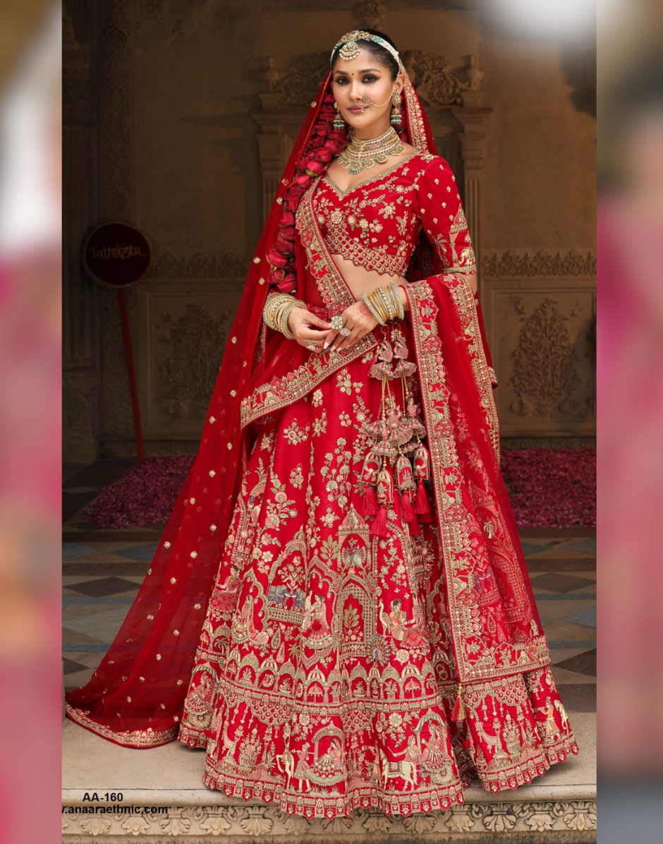 Luxurious Red Bridal Silk Lehenga with Heavy Khatli Embroidery & Detailing - Buy