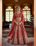 Luxurious Red Paisley Pattern Silk Lehenga with Sequin, Pearl & Zari Detailing Complete with Blouse & Dual Dupatta - Buy
