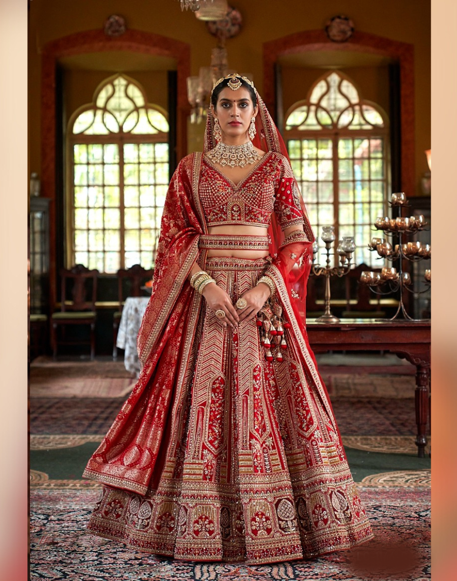 Luxurious Red Paisley Pattern Silk Lehenga with Sequin, Pearl & Zari Detailing Complete with Blouse & Dual Dupatta - Buy