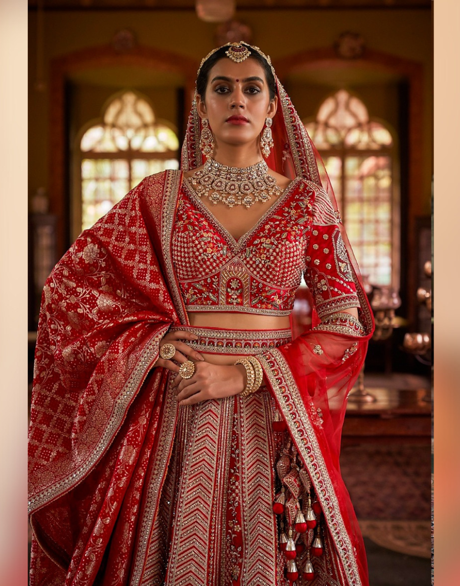 Luxurious Red Paisley Pattern Silk Lehenga with Sequin, Pearl & Zari Detailing Complete with Blouse & Dual Dupatta - Buy
