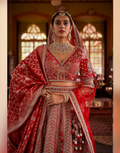 Luxurious Red Paisley Pattern Silk Lehenga with Sequin, Pearl & Zari Detailing Complete with Blouse & Dual Dupatta - Buy_1