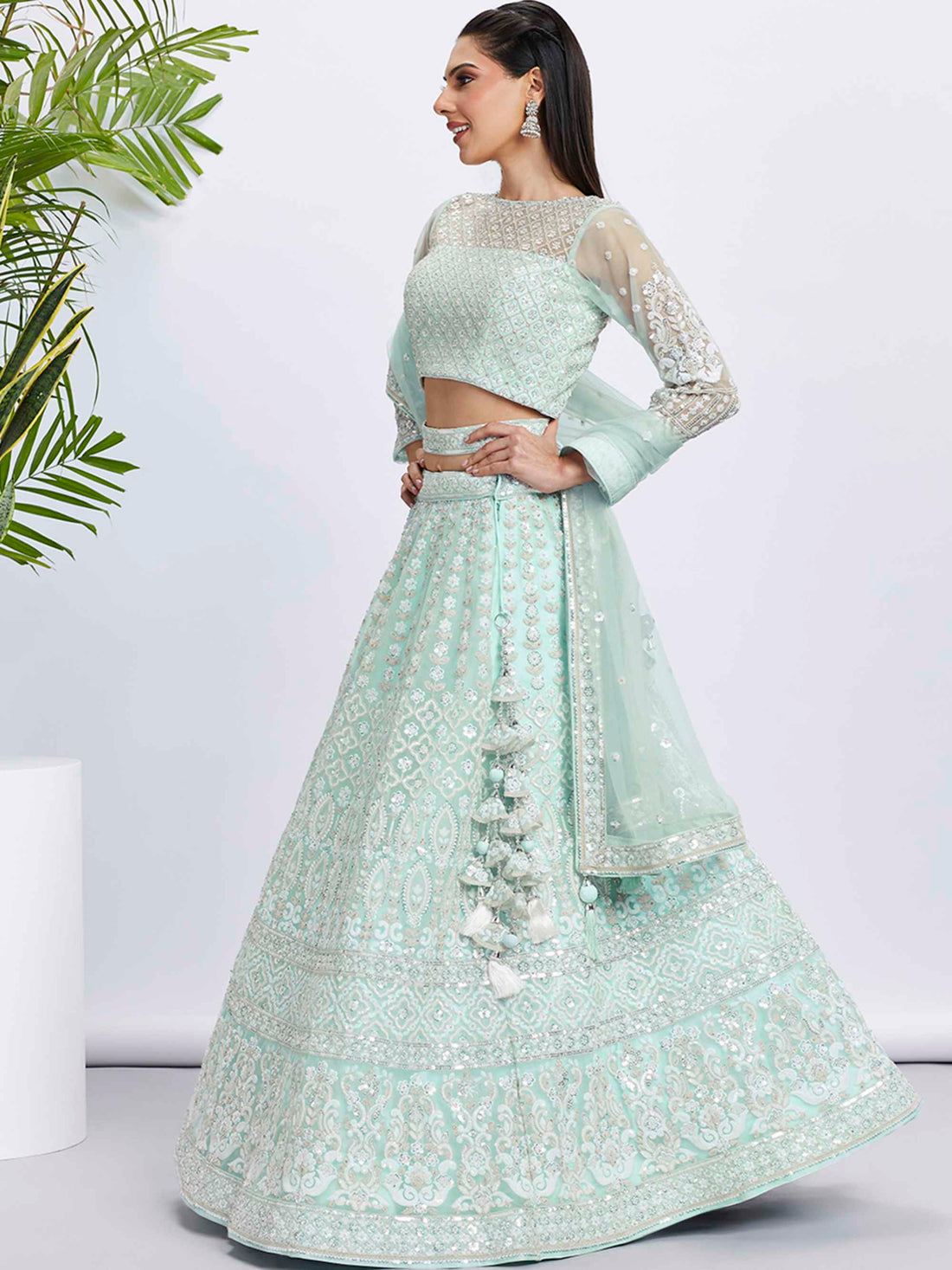 Luxurious Sea Green Pure Georgette Lehenga Choli with Sequins - Rent