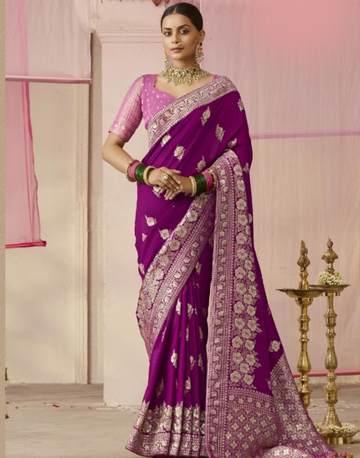 Luxurious Wine Silk Saree Dola Viscose with Detailed Floral Pattern Weaving