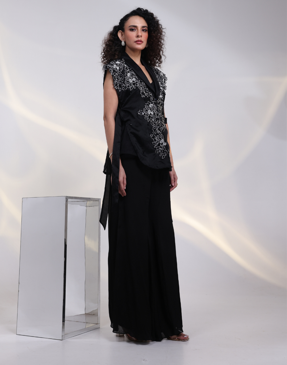 Luxury Black Three-Piece Set Long Bustier, Straight Trousers & Embroidered Jacket