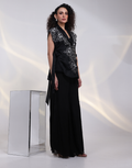 Luxury Black Three-Piece Set Long Bustier, Straight Trousers & Embroidered Jacket_1
