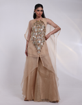 Luxury Champagne Gold Three-Piece Kaftan Set Organza Overlay, Tissue Inner & Palazzos