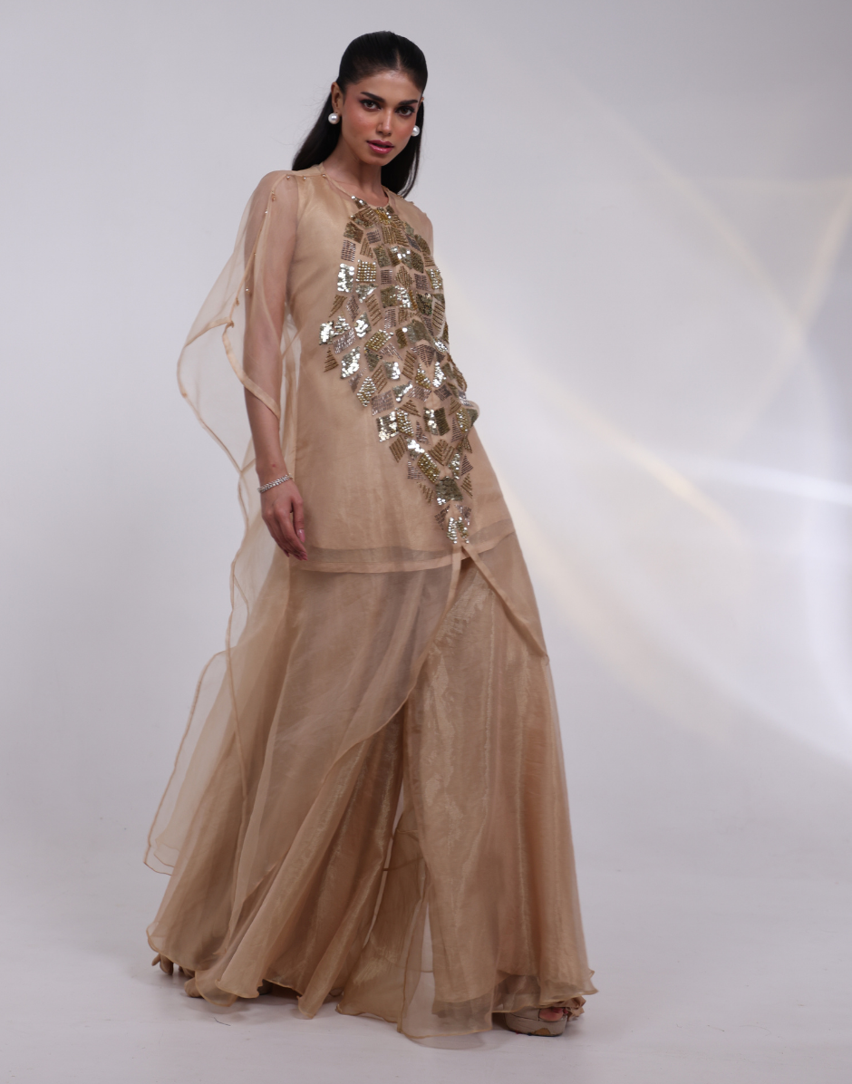 Luxury Champagne Gold Three-Piece Kaftan Set Organza Overlay, Tissue Inner & Palazzos
