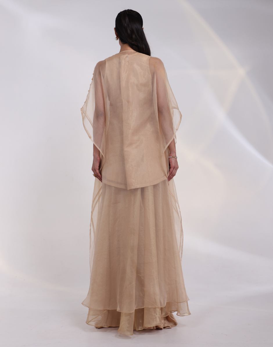 Luxury Champagne Gold Three-Piece Kaftan Set Organza Overlay, Tissue Inner & Palazzos_4
