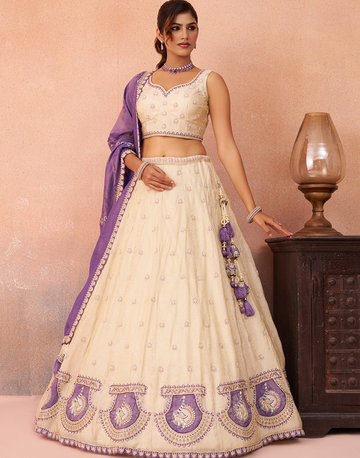 Luxury Cream Beaded & Sequins Embroidered Jacquard Lehenga Choli for Wedding Occasions