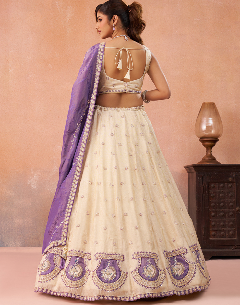 Luxury Cream Beaded & Sequins Embroidered Jacquard Lehenga Choli for Wedding Occasions_1