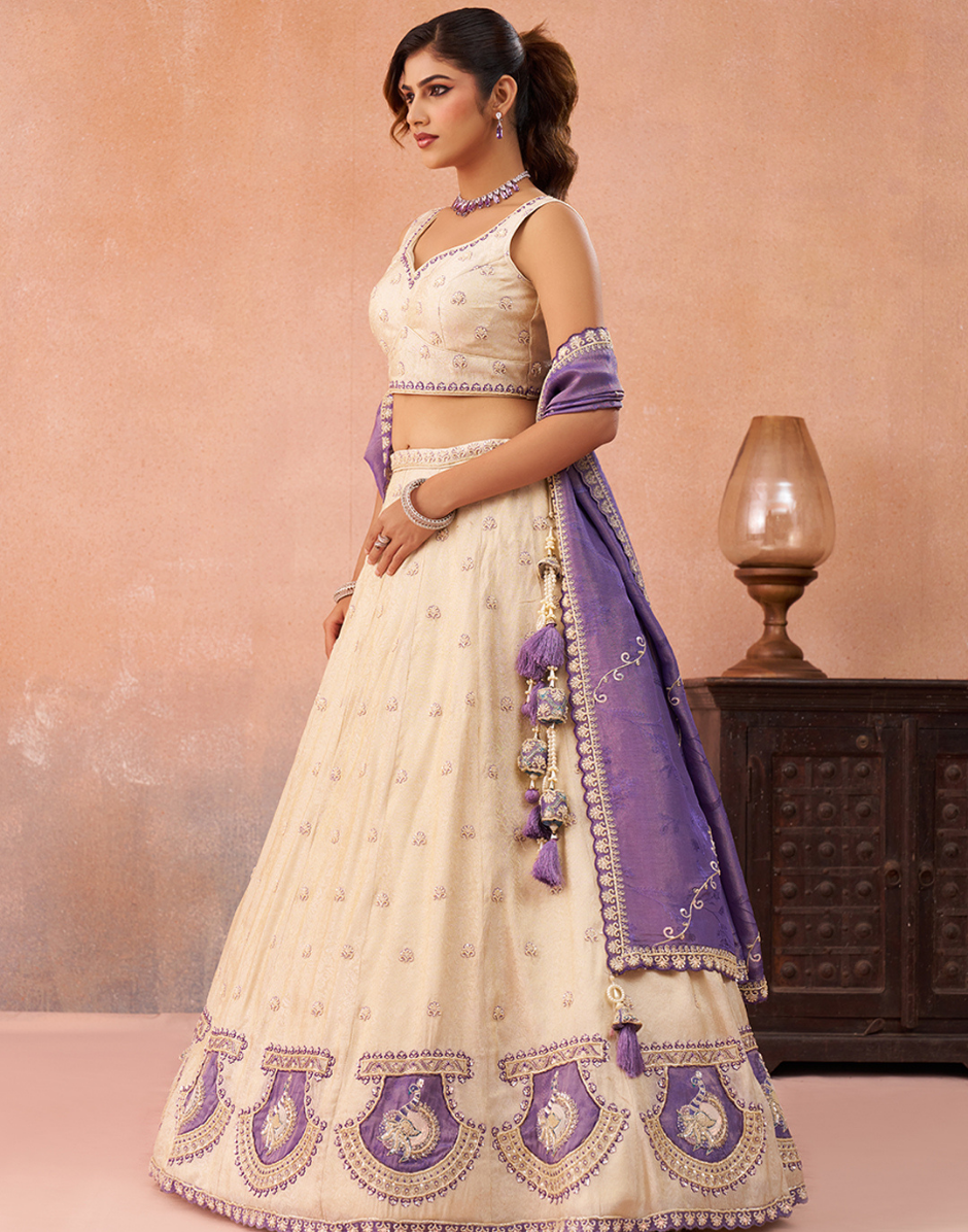 Luxury Cream Beaded & Sequins Embroidered Jacquard Lehenga Choli for Wedding Occasions_2