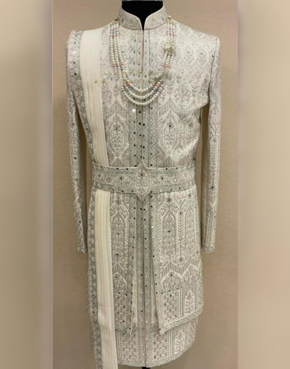 Luxury Cream Embroidered Sherwani Set for Wedding & Groom Wear