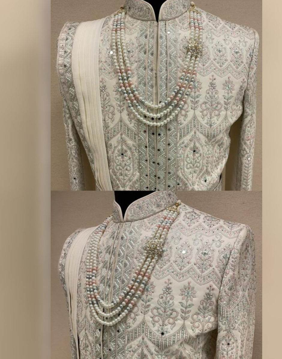Luxury Cream Embroidered Sherwani Set for Wedding & Groom Wear