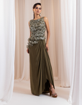 Luxury Deep Olive Green Set 3D Floral Top and Organza Knot-Drape Skirt with Buttas Detailing