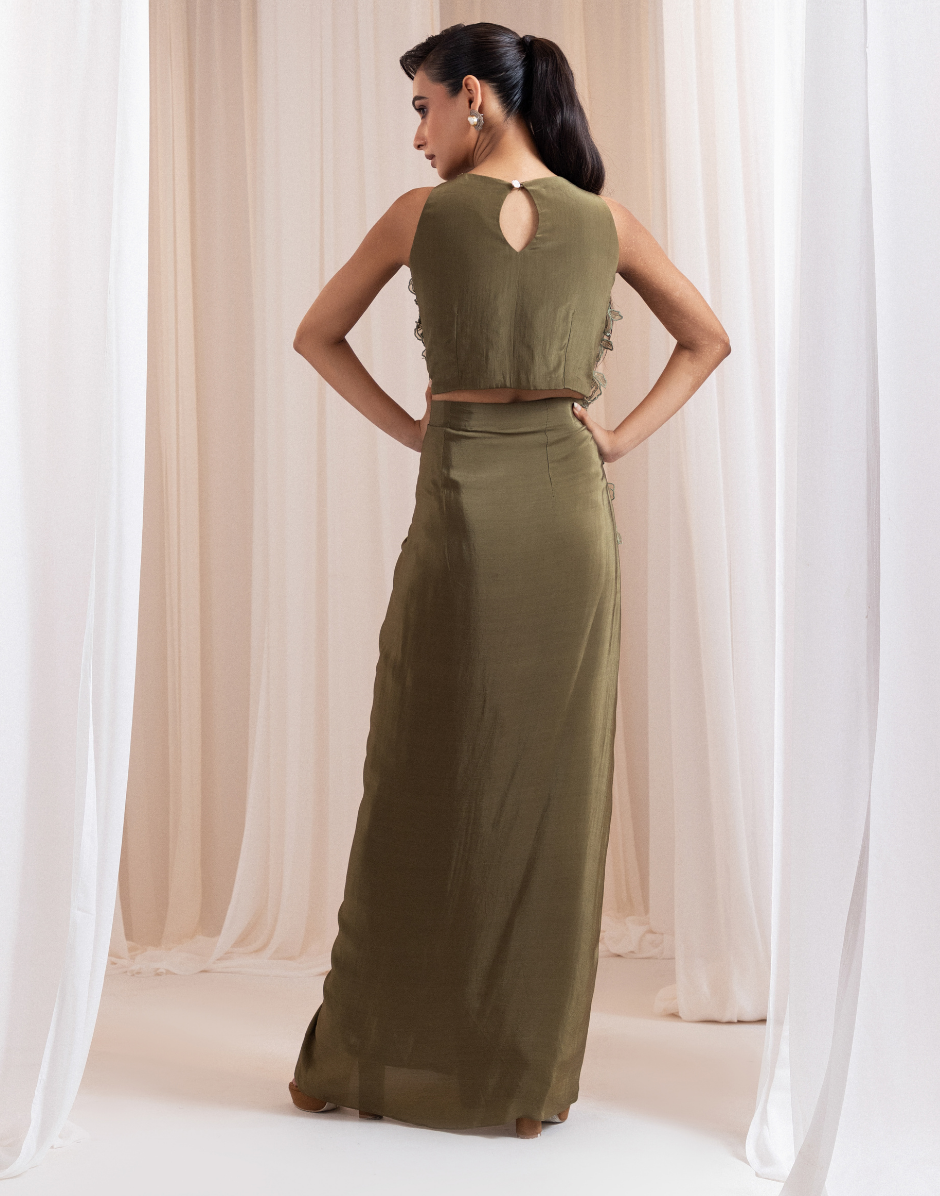 Luxury Deep Olive Green Set 3D Floral Top and Organza Knot-Drape Skirt with Buttas Detailing
