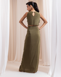 Luxury Deep Olive Green Set 3D Floral Top and Organza Knot-Drape Skirt with Buttas Detailing_1