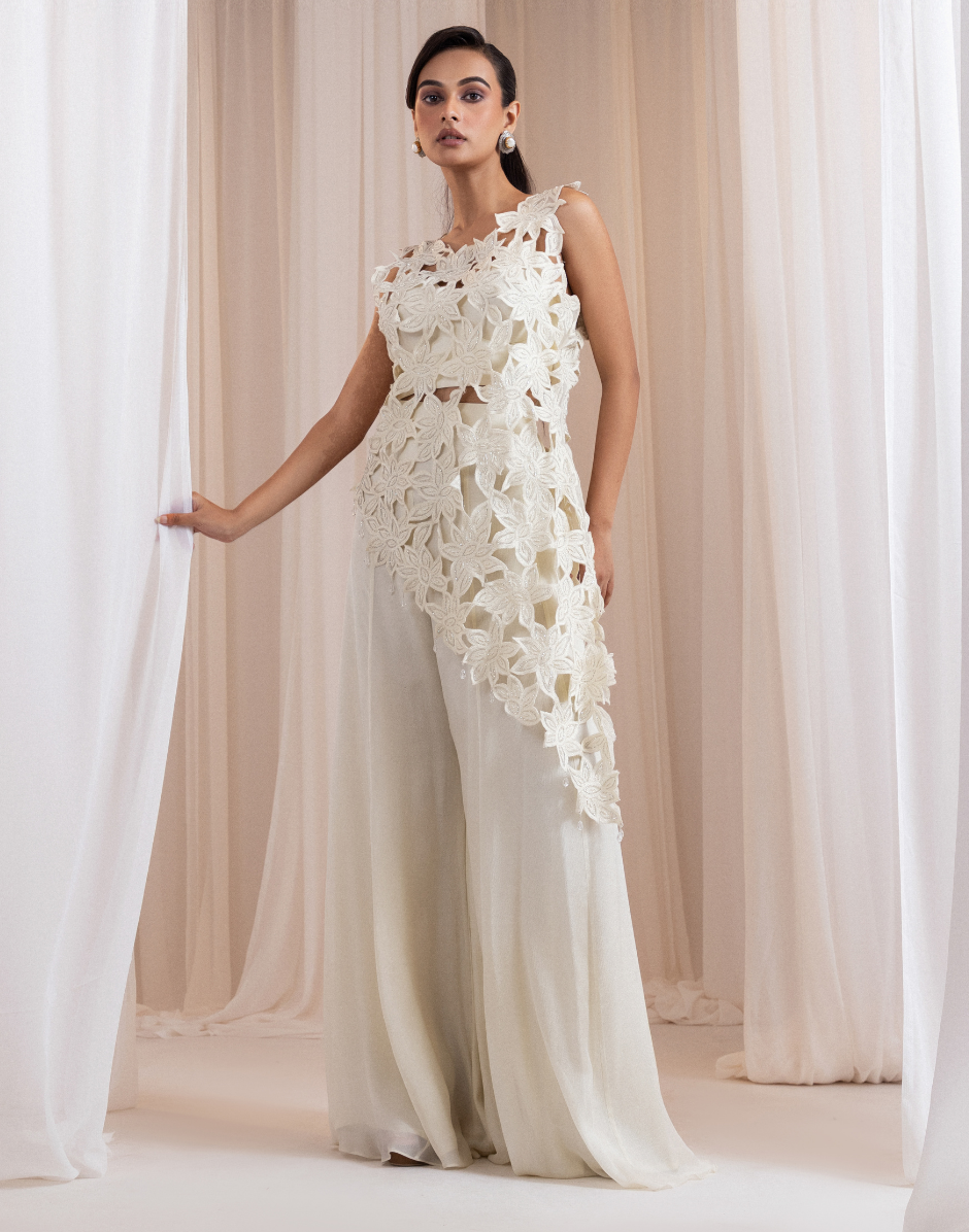Luxury Ivory Ensemble Sculpted Corset, Palazzo Pants & Statement Organza Overlay