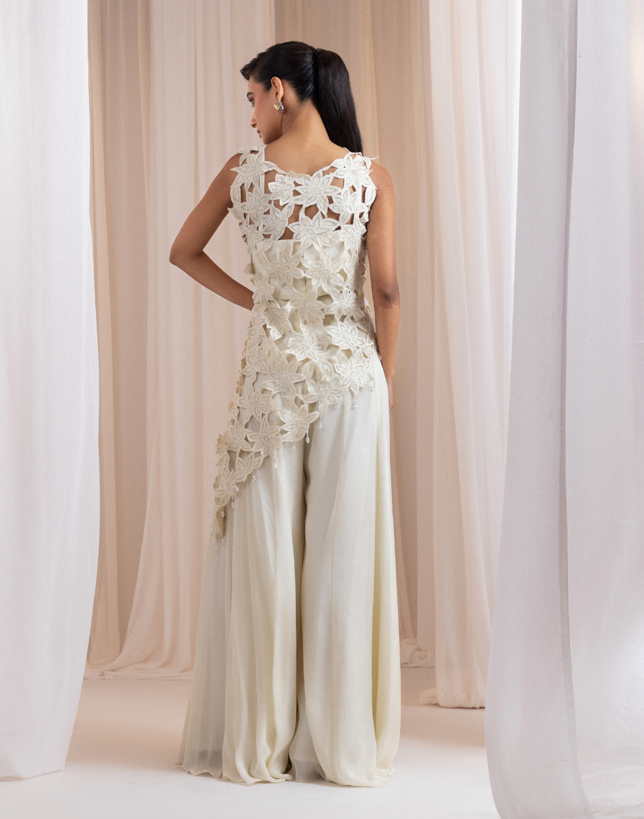 Luxury Ivory Ensemble Sculpted Corset, Palazzo Pants & Statement Organza Overlay_1