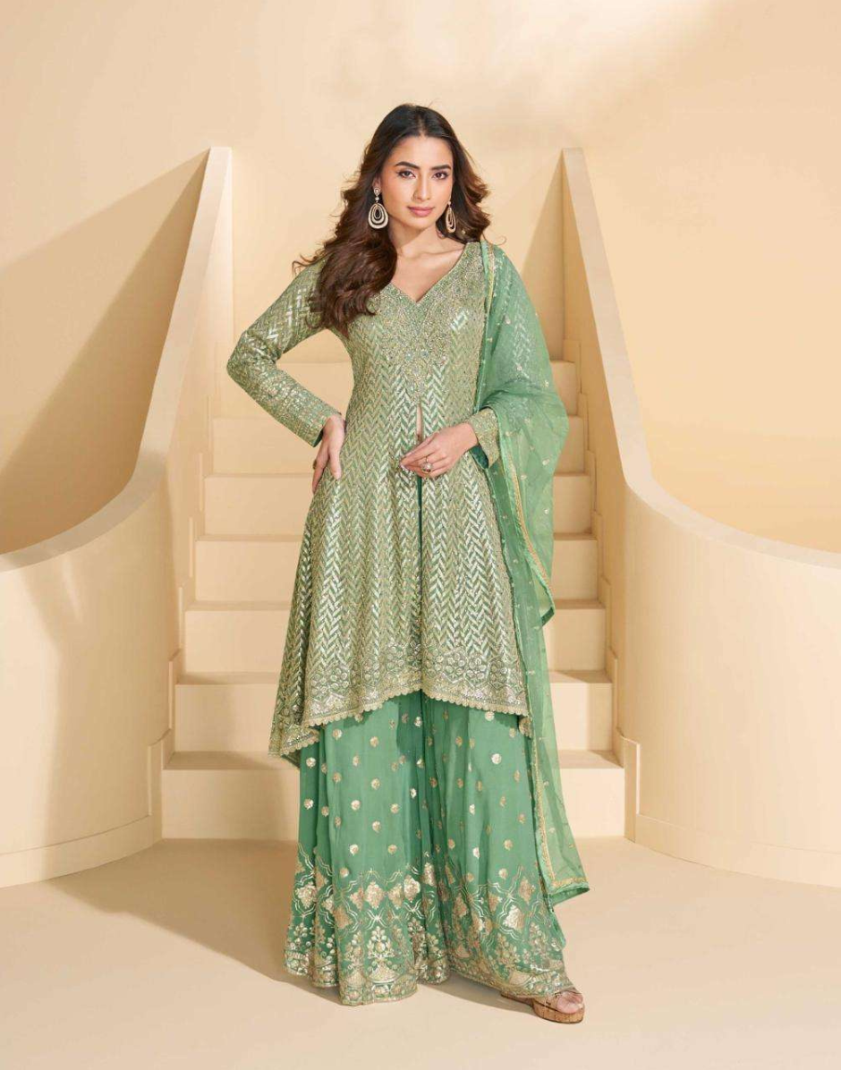 Luxury Light Green Georgette Embroidered Top with Hand Work Paired with Embroidered Palazzo & Dupatta