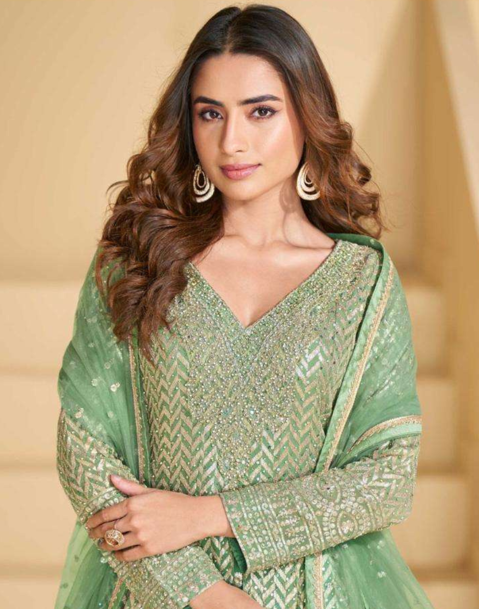 Luxury Light Green Georgette Embroidered Top with Hand Work Paired with Embroidered Palazzo & Dupatta