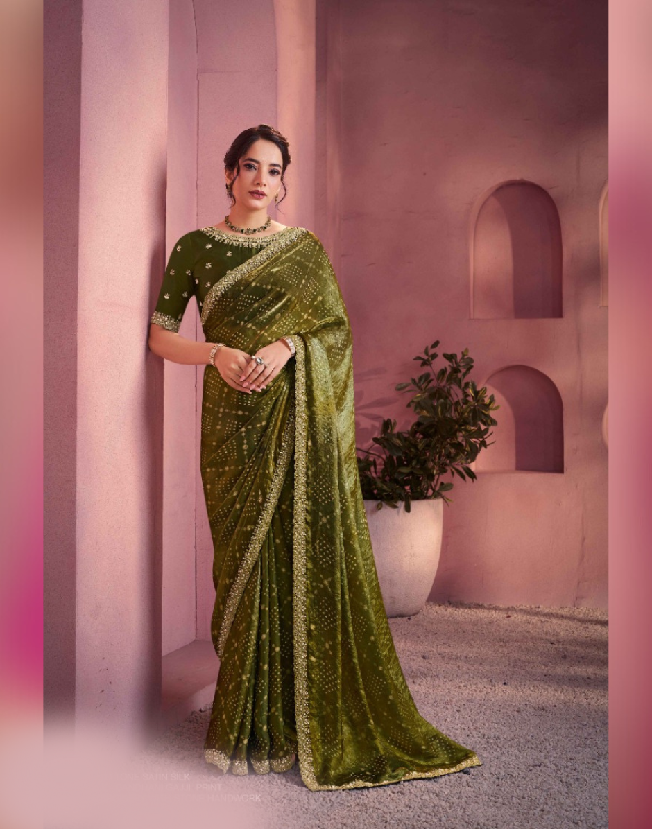 Luxury Mehendi Green Bandhani Print Saree in Two-Tone Satin Silk Embroidered & Embellished Detailing - Buy
