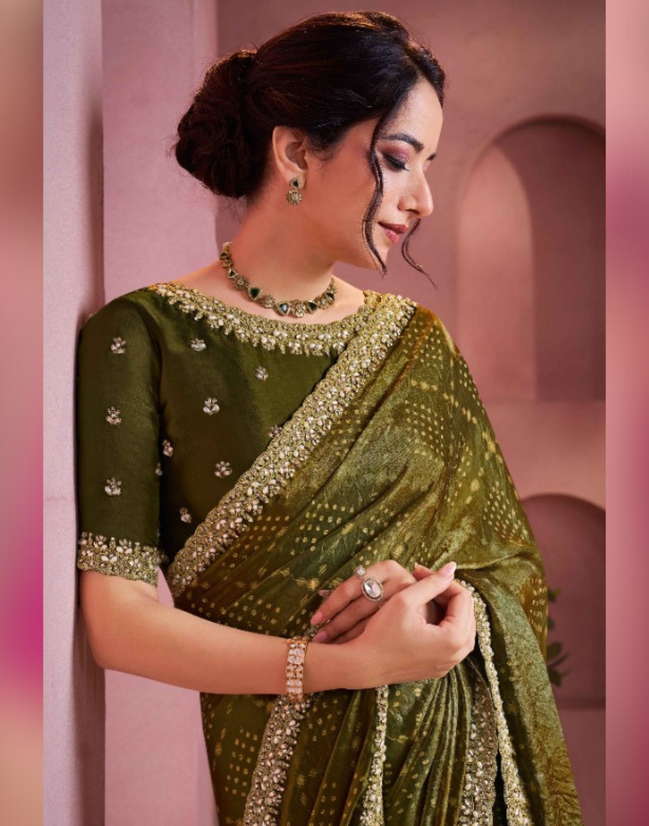 Luxury Mehendi Green Bandhani Print Saree in Two-Tone Satin Silk Embroidered & Embellished Detailing - Buy