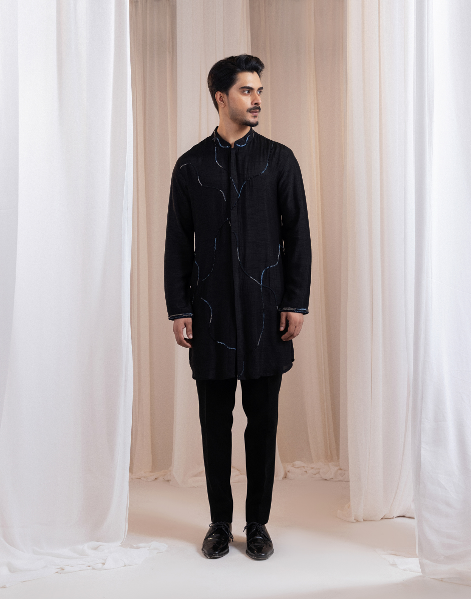 Luxury Meteor Vein Black Kurta Set Sheen Finish with Abstract Wave Embroidery and Metallic Highlights