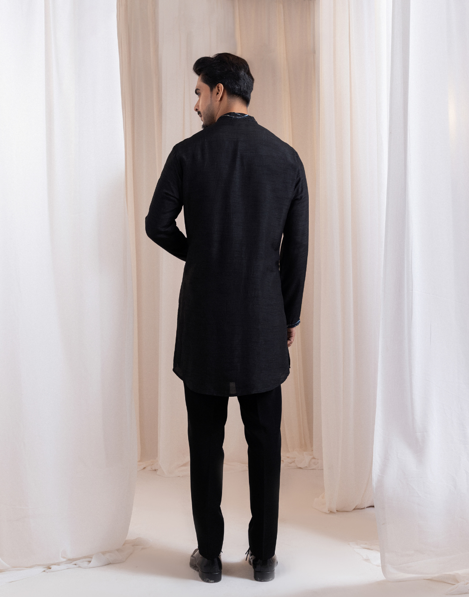 Luxury Meteor Vein Black Kurta Set Sheen Finish with Abstract Wave Embroidery and Metallic Highlights