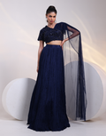 Luxury Navy Blue Skirt Ensemble with Side Open Embroidered Blouse and Net Dupatta