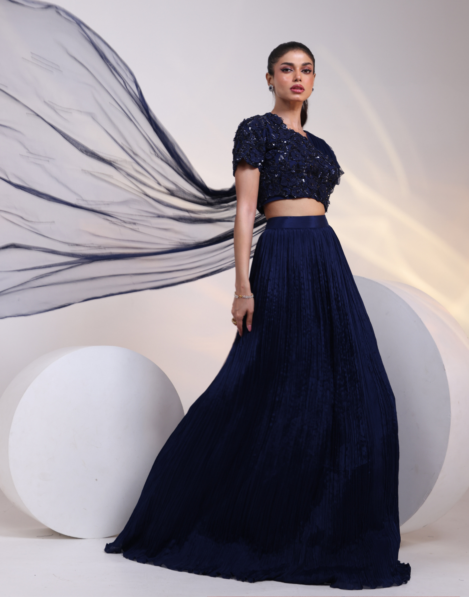 Luxury Navy Blue Skirt Ensemble with Side Open Embroidered Blouse and Net Dupatta_1