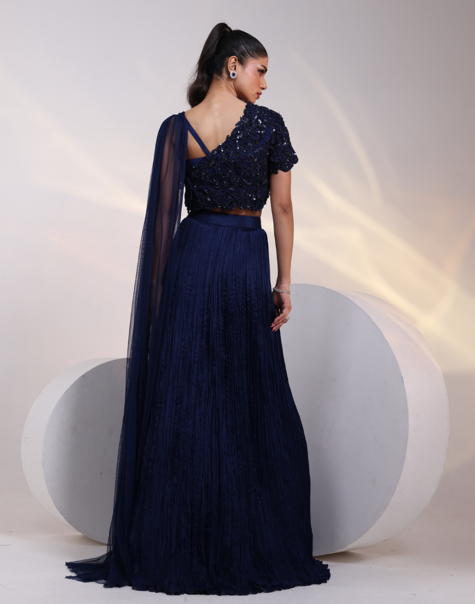 Luxury Navy Blue Skirt Ensemble with Side Open Embroidered Blouse and Net Dupatta_2