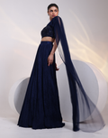 Luxury Navy Blue Skirt Ensemble with Side Open Embroidered Blouse and Net Dupatta_3