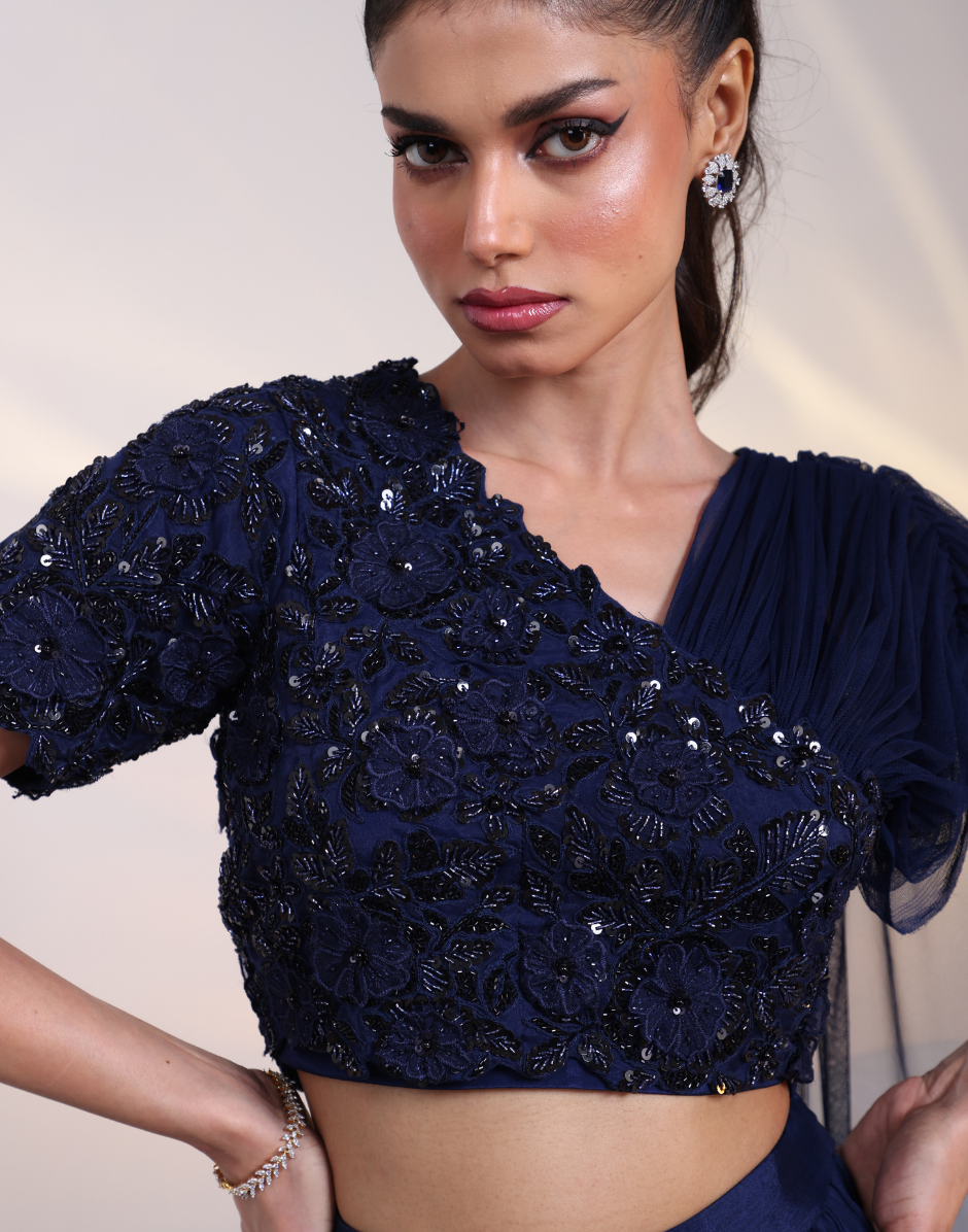 Luxury Navy Blue Skirt Ensemble with Side Open Embroidered Blouse and Net Dupatta_4