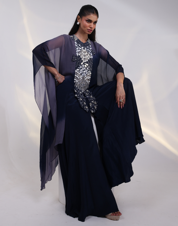Luxury Navy Grey Kaftan Set with Front Silver Embellishments and Flared Pants